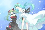  aqua_eyes aqua_hair bad_id bad_pixiv_id cantarella_(vocaloid) cendrillon_(vocaloid) dress dual_persona elbow_gloves flower from_behind gloves hatsune_miku long_hair looking_back multiple_girls ribbon songover suzushiro twintails very_long_hair vocaloid wallpaper 