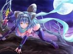  animal_ears bad_id bad_pixiv_id blue_hair breasts bridal_gauntlets cabbaco character_request cleavage copyright_request hairband highres large_breasts moon neon_trim night ninja scarf solo sword tail thighhighs tree wallpaper weapon wolf wolf_ears wolf_tail yellow_eyes 