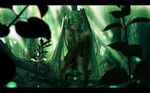  aqua_eyes aqua_hair bad_id bad_pixiv_id detached_sleeves forest green green_eyes green_hair hatsune_miku headphones highres katou_taira letterboxed light_rays long_hair looking_at_viewer nature necktie scenery sitting skirt solo sunbeam sunlight thighhighs twintails very_long_hair vocaloid wallpaper water widescreen zettai_ryouiki 