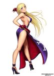  back backless_dress backless_outfit bare_back bare_shoulders belt blonde_hair blue_eyes blush bonne_jenet bracelet breasts cleavage collar curvy dress elbow_gloves fatal_fury fingerless_gloves gloves high_heels jewelry large_breasts legband legs long_hair long_legs mark_of_the_wolves muscle no_bra ryu_(ryu's_former_site) shoes sideboob skirt snk solo thighs 