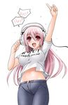  blush breasts covered_nipples denim headphones huge_breasts jeans kouki_kuu long_hair midriff navel nitroplus open_fly panties pants pink_hair red_eyes solo super_sonico unbuttoned underwear unzipped 