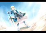  armor artoria_pendragon_(all) blonde_hair fate/stay_night fate_(series) green_eyes happy highres ribbon saber smile solo sword tsuka_(blind_side) wallpaper weapon 