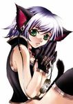  animal_ears cat_ears gloves green_eyes headphones lowres nekomimi purple_hair ribbon short_hair thigh_highs thighhighs 