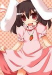  animal_ears bunny_ears carrot dress inaba_tewi jewelry no_nose open_mouth pendant polka_dot polka_dot_background red_eyes shirogane_(platinum) skirt_hold solo touhou 