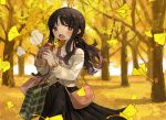  1girl autumn_leaves bag black_hair blush braid brown_eyes commentary_request earrings eating food french_braid handbag holding holding_food jewelry off_shoulder original outdoors ponytail shopping_bag sidelocks solo steam sweet_potato tree watch wristwatch yakiimo zinbei 