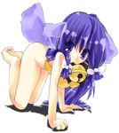  1girl animal_ears ass bare_feet barefoot bell blue_eyes blue_hair bottomless bow breasts dog_ears feet full_body inumimi long_hair no_panties soles solo toes twin_tails twintails 