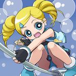  :d ass bare_shoulders blonde_hair blue_background blue_eyes drill_hair feet_out_of_frame goutokuji_miyako haruyama_kazunori holding looking_at_viewer lowres open_mouth powerpuff_girls_z rolling_bubbles short_hair simple_background sleeveless smile solo squatting thighs twin_drills vest 