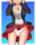  animal_print brown_hair cat_panties cat_print clothes_writing dr_rex english head_out_of_frame idolmaster idolmaster_cinderella_girls jewelry necklace open_mouth panties plaid plaid_skirt print_panties short_hair skirt solo tada_riina underwear white_panties 