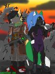  armor blood blue_hair breasts building canine clothed clothing coyote djcoyoteguy evening fallout fox fur gas_mask green_fur gun hair mammal mask outside ranged_weapon rifle ruins skintight_suit video_games weapon 