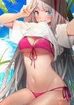  1girl absurdres bangs bikini blue_eyes blush breasts cloud commentary_request eyebrows_visible_through_hair fpanda front-tie_top girls_frontline grey_hair heterochromia highres long_hair looking_at_viewer mdr_(girls_frontline) medium_breasts multicolored_hair navel outdoors palm_leaf pink_bikini pink_eyes pink_hair reaching_out self_shot shirt shirt_in_mouth short_sleeves side-tie_bottom sidelocks sky smile solo sparkle streaked_hair swimsuit underboob v very_long_hair water white_shirt 