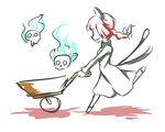  highres kaenbyou_rin looking_to_the_side multiple_tails peroponesosu. tail touhou two_tails walking wheelbarrow white_background zombie_fairy 