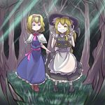  commentary_request forest forest_of_magic grass grin highres implied_pantyshot kirisame_marisa light_rays looking_at_viewer looking_to_the_side nature naughty_face one_eye_closed peroponesosu. skirt skirt_lift smile standing sunbeam sunlight touhou tree v 