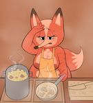  anthro apron big_breasts breasts canine cleavage clothed clothing cooking eyelashes female food fox frying_pan fur kaboozey knife mammal mature_female mushroom nipples orange_fur solo sweat tom_and_the_flies wide_hips 