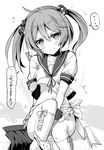  ai_takurou apron badge bunny commentary_request covering covering_crotch flying_sweatdrops food_print greyscale hair_bobbles hair_ornament kantai_collection kneehighs monochrome navel panties panties_around_one_leg print_panties puffy_short_sleeves puffy_sleeves remodel_(kantai_collection) sazanami_(kantai_collection) school_uniform serafuku short_hair short_sleeves skirt skirt_removed solo strawberry_panties strawberry_print translated twintails underwear wrist_cuffs 