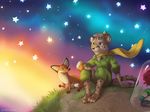  4_toes anthro black_nose canine cat clothed clothing digitigrade duo feline fox fur grass grey_fur grey_hair hair koul male mammal outside plushie sitting sky smile spots spotted_fur star starry_sky toes young 