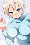  9law against_fourth_wall blonde_hair blue_eyes blush brave_witches breast_press breasts breath large_breasts looking_at_viewer nikka_edvardine_katajainen purple_background ribbed_sweater short_hair simple_background solo sweater turtleneck world_witches_series 