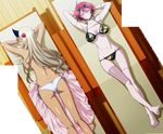  2girls armpits ass backboob bikini blonde_hair bra breasts cleavage dark_skin eyes_closed horn large_breasts long_hair lying monster_girl monster_musume_no_iru_nichijou multiple_girls ogre on_back on_stomach open_mouth panties red_hair sideboob stitched sunglasses tagme tionishia zombina 