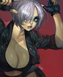  1girl angel_(kof) breasts cleavage elsevilla king_of_fighters large_breasts red_background solo sweat white_hair 