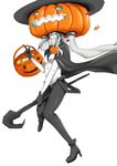  aqua_eyes basket black_gloves boots breasts candy cookie covered_mouth food full_body gloves grey_hair halloween halloween_basket hat high_heel_boots high_heels highres jack-o'-lantern kantai_collection medium_breasts satsumaimo_pai shinkaisei-kan solo staff wo-class_aircraft_carrier 