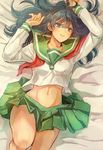  arm_up bangs bed_sheet black_eyes black_hair blouse breasts closed_mouth crop_top crop_top_overhang green_skirt hair_between_eyes higurashi_kagome inuyasha knee_up long_hair long_sleeves looking_at_viewer lying messy_hair midriff miniskirt motobi_(mtb_umk) navel neckerchief on_back on_bed panties pleated_skirt school_uniform serafuku skirt small_breasts solo stomach underwear undone_neckerchief untied white_blouse white_panties 