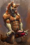  abs anthro athletic balls biceps blue_eyes canine clothing digitigrade erection eyrich grin humanoid_penis looking_at_viewer male mammal muscular nipples nude pecs penis pink_nipples pose smile solo standing thong tuft underwear vein veiny_penis were werewolf werewuff wolf 