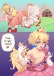  2boys blonde_hair blue_eyes crossdressing crown dress eyebrows genderswap gloves hat long_hair mario mario_(series) multiple_boys nintendo overalls peachy princess_peach short_hair speech_bubble super_mario_bros. text trap 