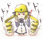  closed_mouth commentary_request drill_hair glowstick hand_up hat highres luna_child motion_lines peroponesosu. red_eyes smile solo too_literal touhou white_background 
