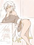  arm_support bare_legs bare_shoulders bent_over breast_rest breasts chin_rest echigo_(shiro_maru) from_side glasses large_breasts no_panties original pelvic_curtain shiro_maru short_hair side_slit solo white_hair yellow_eyes 