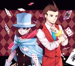  1girl blue_cape blue_eyes blue_hat blue_neckwear brooch brown_eyes brown_hair cape card collared_shirt earrings formal gloves gyakuten_saiban hat janelle jewelry magician naruhodou_minuki necktie odoroki_housuke pants playing_card red_vest scarf shirt short_hair signature sleeves_rolled_up smile suit top_hat vest 