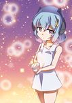  9-san blue_hair candle dress hair_ornament highres holding horns original purple_eyes short_dress short_hair solo star_(sky) sundress white_dress 