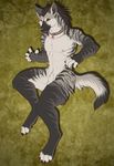  4_toes 5_fingers abs anthro balls canine collar digitigrade fur grey_fur grey_hair grey_nose hair inkrend looking_at_viewer male mammal navel nipples smile solo striped_fur stripes teeth toes white_fur wolf 