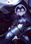  armor armored_dress artist_name black_legwear breasts breasts_apart cape eyebrows eyebrows_visible_through_hair fate/grand_order fate_(series) highres holding holding_weapon jeanne_d'arc_(alter)_(fate) jeanne_d'arc_(fate)_(all) lanzi_(415460661) large_breasts looking_at_viewer petals short_hair silver_hair smile solo sword thighhighs weapon yellow_eyes 