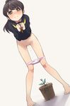  ass_visible_through_thighs barefoot blush bottomless brown_hair dutch_angle full_body hayyan highres knees_together_feet_apart long_sleeves original panties panty_pull pee peeing plant ponytail potted_plant school_uniform simple_background solo standing underwear white_background white_panties yellow_eyes 