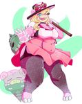  big_breasts blonde_hair blue_eyes breasts cane cleavage clothed clothing damianvertigo eyes_closed gloves hair hat legwear melrose nintendo open_mouth pok&eacute;mon pok&eacute;morph skirt slightly_chubby slowbro smile solo_focus stockings video_games wide_hips 