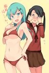  :d alternate_costume aqua_eyes aqua_hair armpits bare_arms bare_shoulders bikini black_hair blue_eyes blush breasts brown_skirt contrapposto covered_eyes cowboy_shot hair_ornament hair_ribbon hairclip hand_on_hip kantai_collection large_breasts long_hair long_sleeves mikuma_(kantai_collection) multiple_girls navel open_mouth peeking_through_fingers red_bikini ribbon sailor_collar school_uniform senbei_(senbe_i) serafuku short_hair side-tie_bikini sideboob simple_background skirt skirt_set smile standing suzuya_(kantai_collection) swimsuit text_focus thighs tongue translation_request twintails underboob yellow_background 