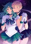  artist_name bishoujo_senshi_sailor_moon blonde_hair blue_sailor_collar choker circlet crescent crescent_earrings earrings gloves green_eyes green_hair holding_hands jewelry kaiou_michiru long_hair miniskirt multiple_girls outer_senshi pleated_skirt ribbon sailor_collar sailor_neptune sailor_senshi sailor_senshi_uniform sailor_uranus short_hair signature skirt sky smile star_(sky) starry_sky suikka ten'ou_haruka very_short_hair wavy_hair white_gloves yuri 