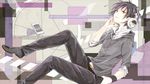  belt black_hair cellphone earbuds earphones green_nails hand_in_pocket headphones highres male_focus nail_polish orange_eyes orange_nails phone smartphone solo toudou_charo tsukishiro_hakupo utau wristband 