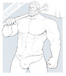  1boy abs bara beard bulge crotch facial_hair male_focus muscle overwatch pecs reinhardt_(overwatch) smile solo underwear weapon winemvee 