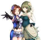  2girls absurdres bangs bare_shoulders belt black_gloves blue_eyes blue_vest blush breasts brooch brown_eyes brown_hair choker cleavage closed_mouth dress elbow_gloves flower gloves green_dress green_eyes green_hair hair_flower hair_ornament heterochromia highres idolmaster idolmaster_cinderella_girls idolmaster_cinderella_girls_starlight_stage jewelry kawashima_mizuki long_hair looking_at_viewer medium_breasts midriff mole mole_under_eye multiple_girls navel one_eye_closed open_clothes open_mouth open_vest otone outstretched_arm ponytail short_hair short_shorts shorts simple_background smile takagaki_kaede vest waving white_background white_gloves 