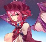  animal_ears arm_garter bird_wings bow hat highres knees_to_chest long_sleeves looking_at_viewer mob_cap mystia_lorelei pink_bow pink_hair puffy_long_sleeves puffy_sleeves purple_vest red_eyes renka_(sutegoma25) shirt short_hair sky solo star_(sky) starry_sky touhou vest white_shirt wings 