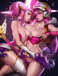  2girls alternate_costume alternate_hair_color alternate_hairstyle arcade_miss_fortune league_of_legends luxanna_crownguard multiple_girls pink_hair sakimichan sarah_fortune star_guardian_lux twintails 