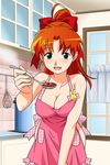  apron breasts cleavage giving green_eyes high_ponytail holding indoors kitchen large_breasts long_hair looking_at_viewer mana_(super_real_mahjong) naked_apron official_art open_mouth orange_hair solo spoon super_real_mahjong tanaka_ryou 