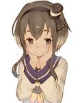  black_eyes flying_sweatdrops grey_hair hands_on_own_cheeks hands_on_own_face hat kantai_collection keemu_(occhoko-cho) long_sleeves mini_hat neckerchief sailor_collar short_hair_with_long_locks smile solo tokitsukaze_(kantai_collection) upper_body white_background 
