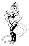  2008 anthro armor breasts claws cleavage clothed clothing deinonychus dinosaucers dinosaur female hand_on_hip kaijusamurai monochrome navel princess_dei scalie skimpy smile solo theropod 