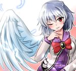  bow bowtie braid dress feathered_wings feathers highres jacket kishin_sagume one_eye_closed open_clothes open_jacket oshiaki purple_dress red_eyes silver_hair single_wing solo touhou upper_body white_wings wings 