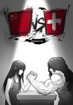  arm_wrestling hair_over_eyes highres long_hair multiple_girls muscle muscular_female original people's_republic_of_china_flag shangguan_feiying swiss_flag tank_top veins vs 