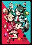  7-eleven :d alternate_costume aori_(splatoon) arm_up black_hair black_skirt blue_footwear blue_jacket brown_eyes copyright_name cousins domino_mask earrings food grey_hair hand_on_hip holding hotaru_(splatoon) jacket jajji-kun_(splatoon) jewelry keijou_(cave) looking_at_another mask miniskirt mole mole_under_eye multiple_girls octarian octoball onigiri open_clothes open_jacket open_mouth pleated_skirt pointy_ears red_footwear red_jacket shoes skirt sleeves_rolled_up smile sneakers splatoon_(series) splatoon_1 squid star tentacle_hair wristband 