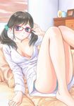  adjusting_eyewear ass barefoot bedroom black_hair blue_eyes blue_panties breasts breasts_apart buttons chest_of_drawers dktaka dress_shirt glasses hair_ornament hair_scrunchie indoors long_sleeves looking_at_viewer lying medium_breasts on_back on_bed original panties pantyshot pantyshot_(lying) partially_unbuttoned pillow red-framed_eyewear scrunchie shirt sleeves_folded_up solo twintails unbuttoned underwear white_shirt 