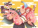  1boy 1girl 2019 :d bead_bracelet beads big_mouth bracelet carrying commentary_request copyright_request cowboy_shot earrings floral_print grin hand_on_another&#039;s_shoulder happy_new_year japanese_clothes jewelry kimono long_hair long_sleeves looking_at_viewer new_year no_eyebrows obi open_mouth outstretched_arm pattern_request patterned_background pink_kimono princess_carry print_kimono raised_fist red_eyes red_hair sanpaku sash shoe_soles sidelocks smile standing teeth upper_teeth wide_sleeves yellow_background 