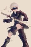  artist_name black_gloves blindfold boots choker double-breasted gloves male_focus nier_(series) nier_automata noeyebrow_(mauve) shorts silver_hair simple_background solo sword weapon yorha_no._9_type_s 